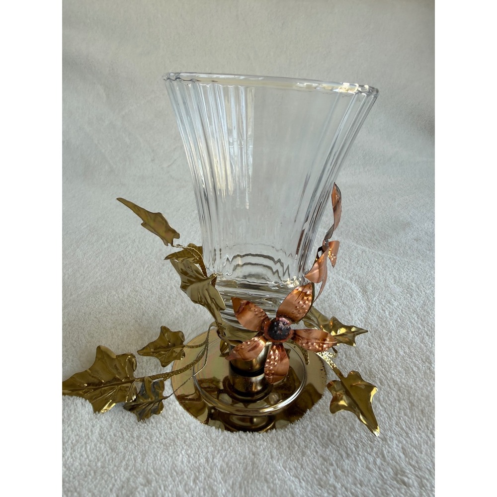 Vintage Homco Glass Candle Votive Sconce Copper Gold Leaves Brass Base Fairy - Picture 2 of 9